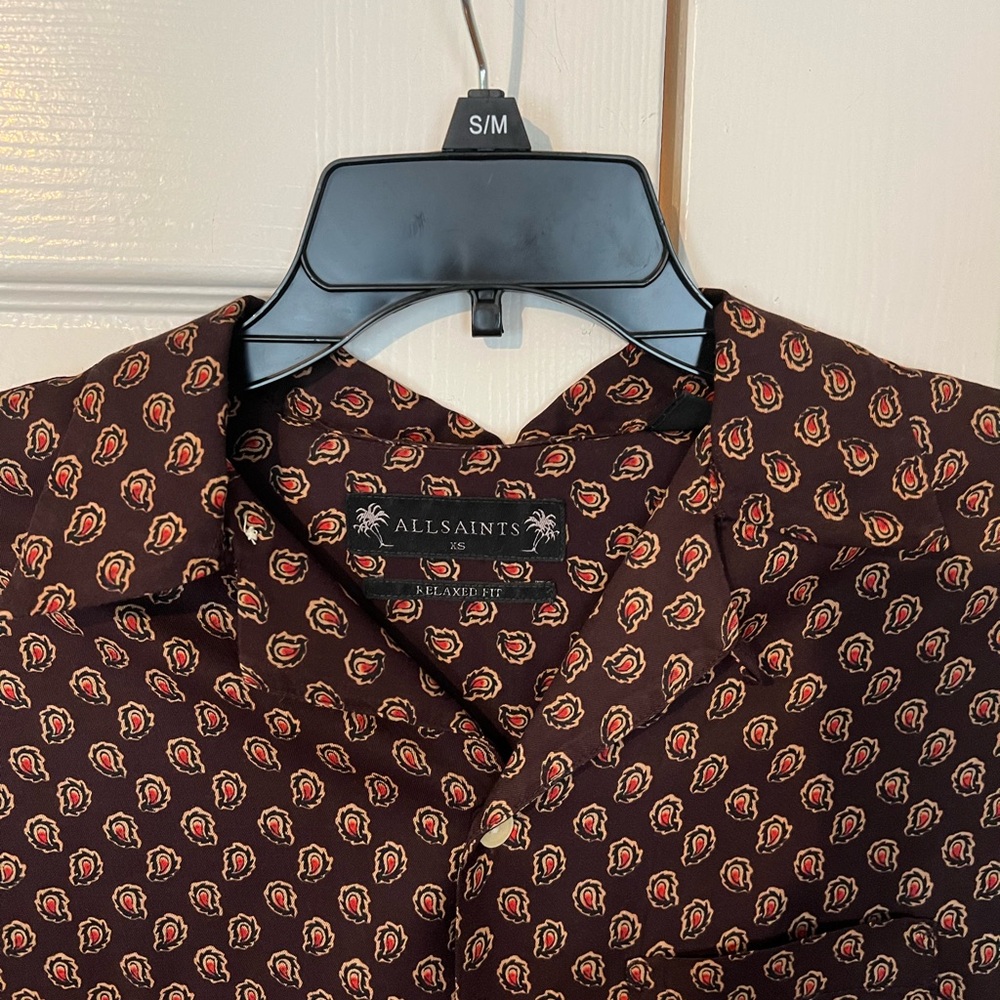 AllSaints burgundy print camp collar size small mint condition